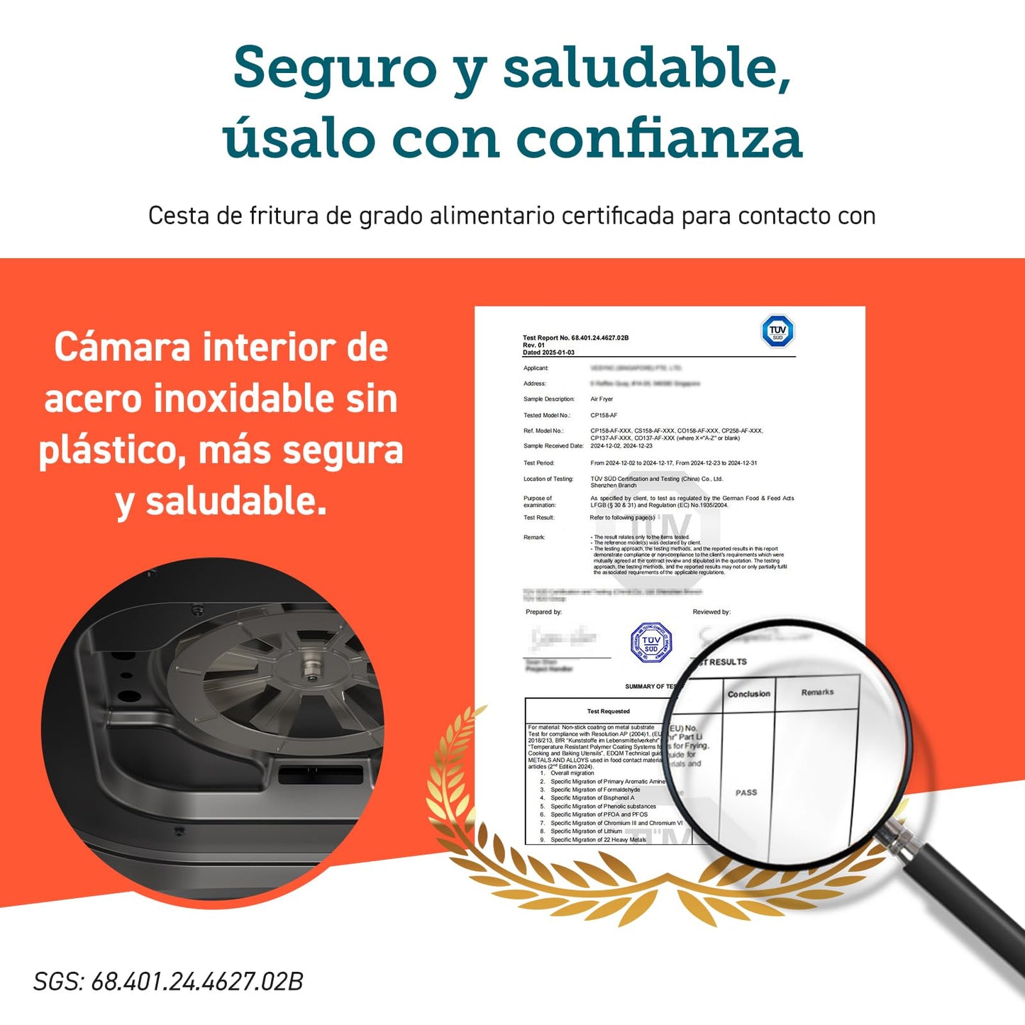 Freidora de aire 5.5L, interior metálico, 1700W, calefacción uniforme, diseño antióxido