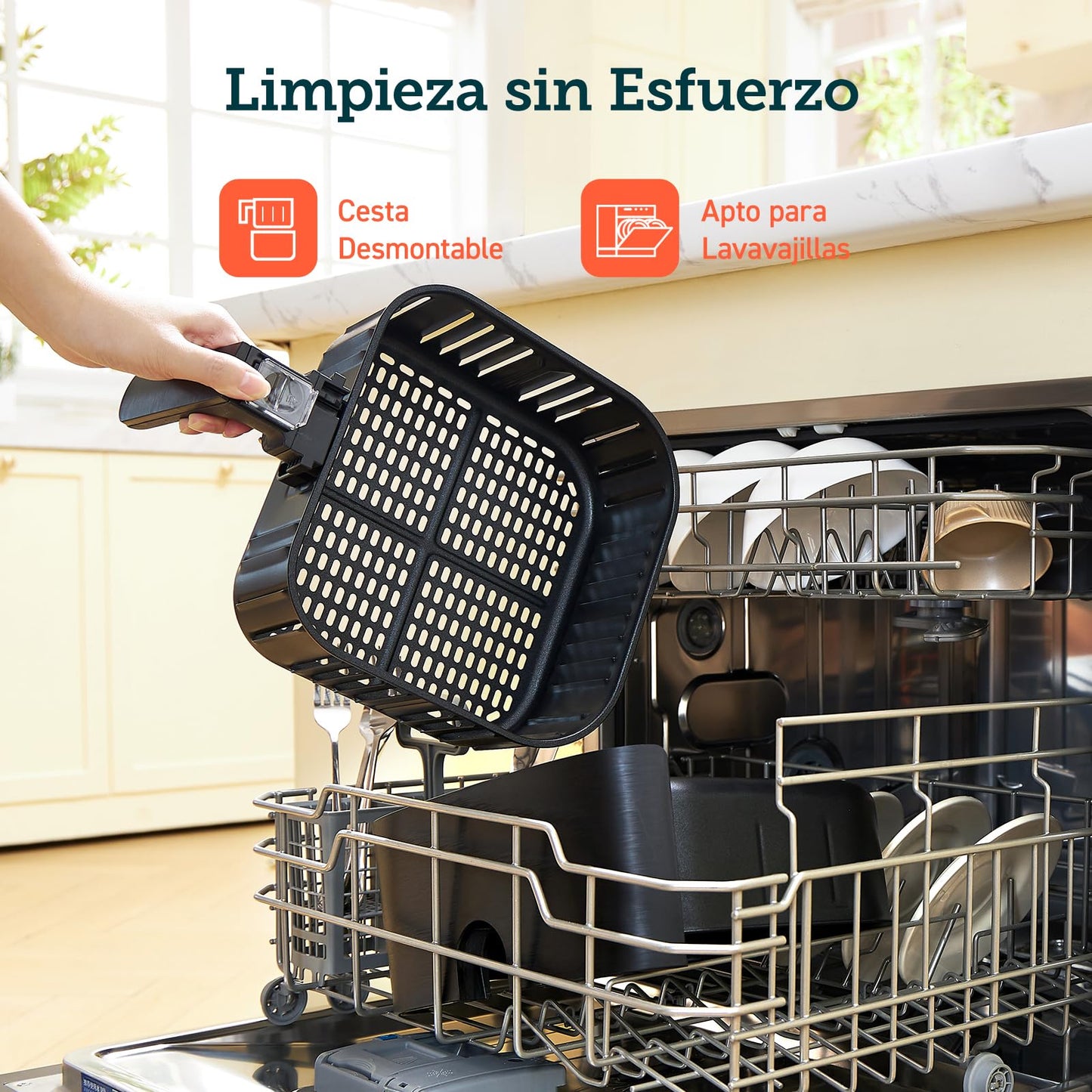 Freidora de aire 5.5L, interior metálico, 1700W, calefacción uniforme, diseño antióxido