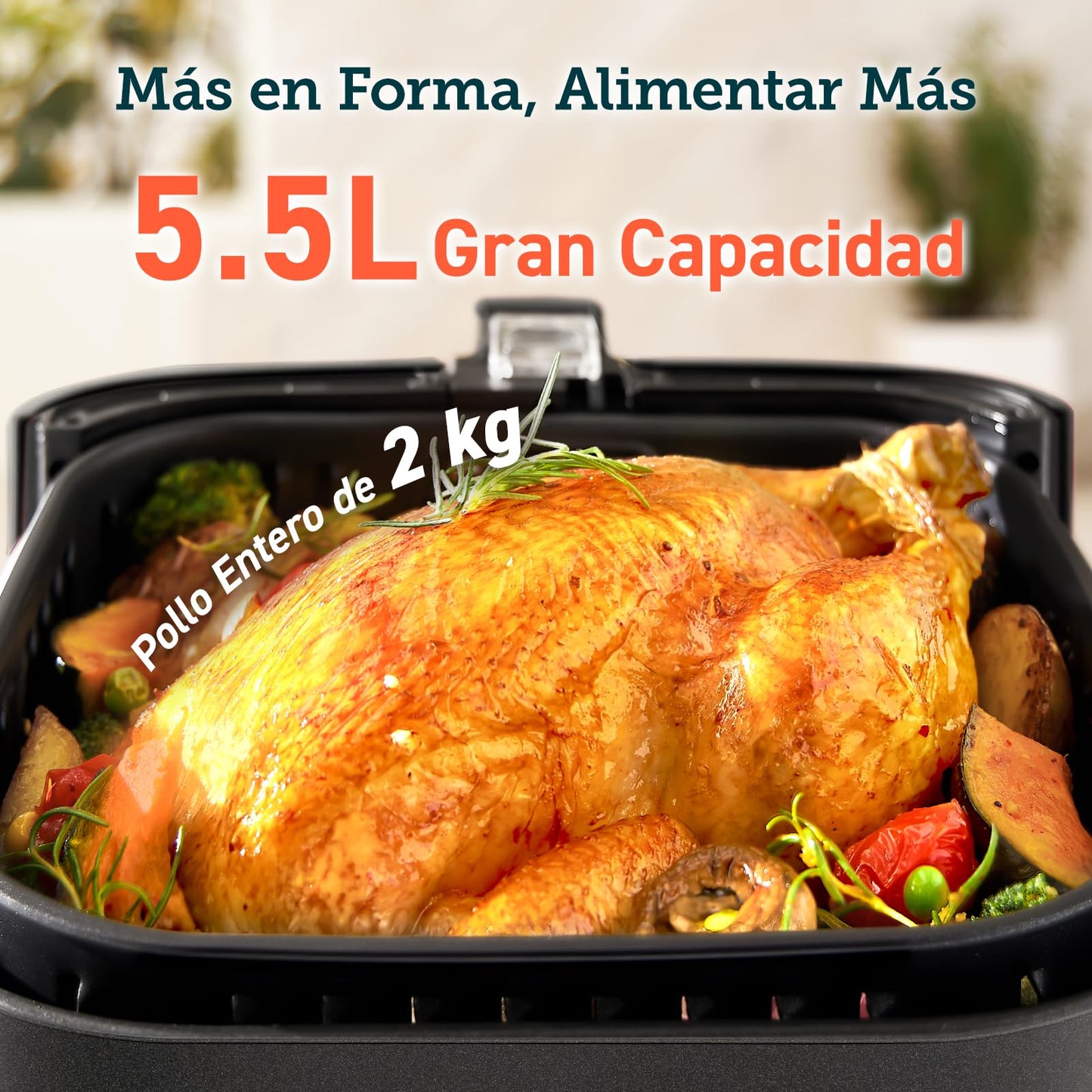 Freidora de aire 5.5L, interior metálico, 1700W, calefacción uniforme, diseño antióxido
